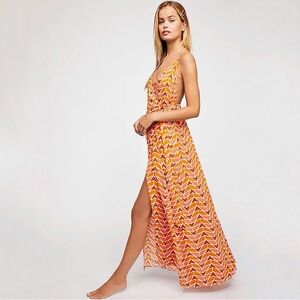 Free People Sirens Linen Blend Printed Maxi Wrap Dress Coral Orange Small